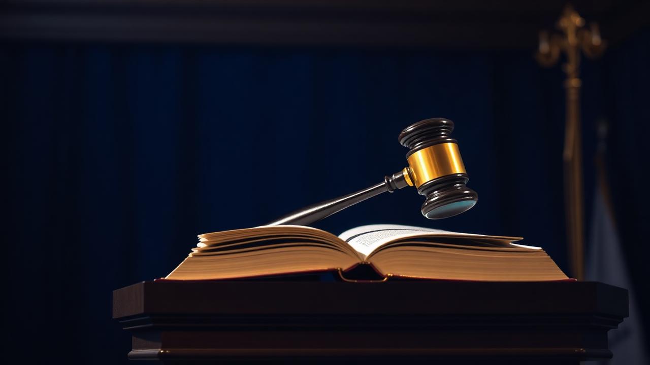 American Bar Association podium with gavel resting on an open rulebook glowing with holographic AI neural circuits under dramatic side lighting
