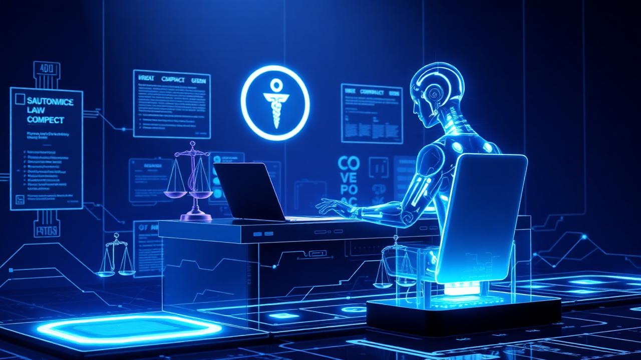 Autonomous agentic AI legal assistant working at a futuristic law firm desk with holographic contracts and scales of justice