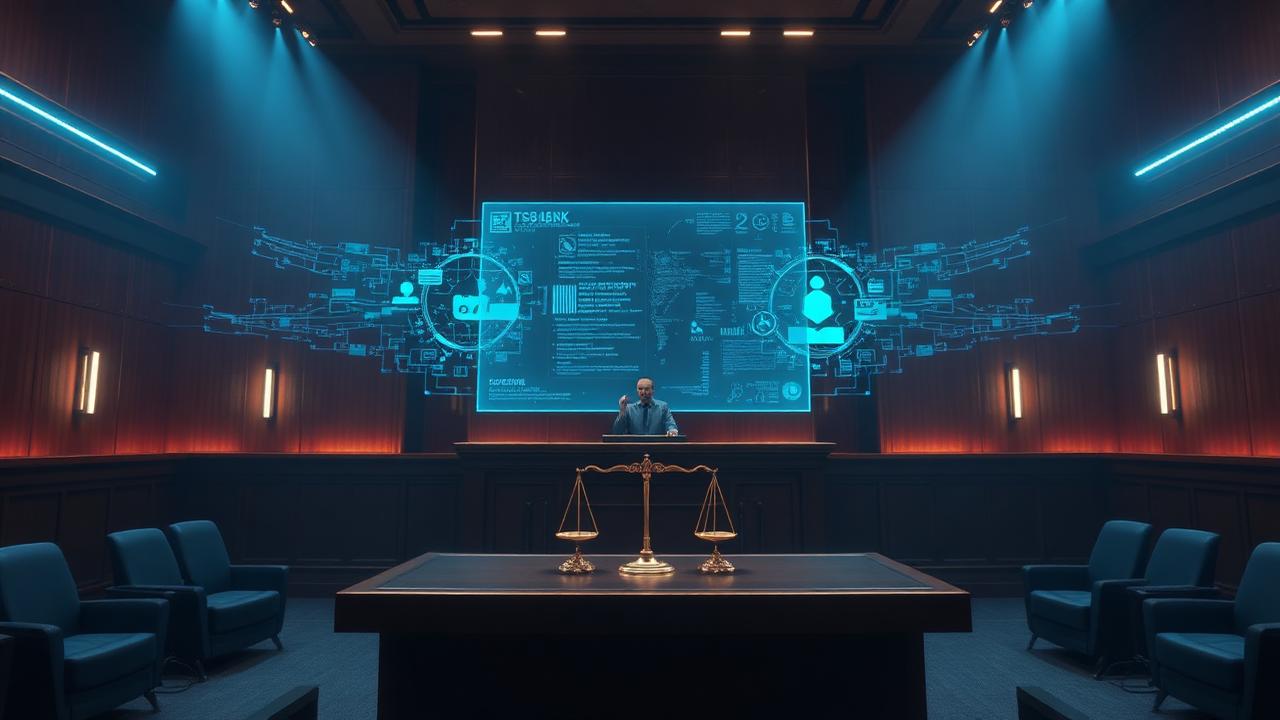 Futuristic courtroom with holographic AI-generated evidence display above the judge's bench and scales of justice