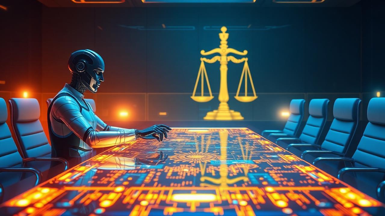 Autonomous AI agent negotiating an M&A deal at a holographic boardroom table with golden scales of justice in the background