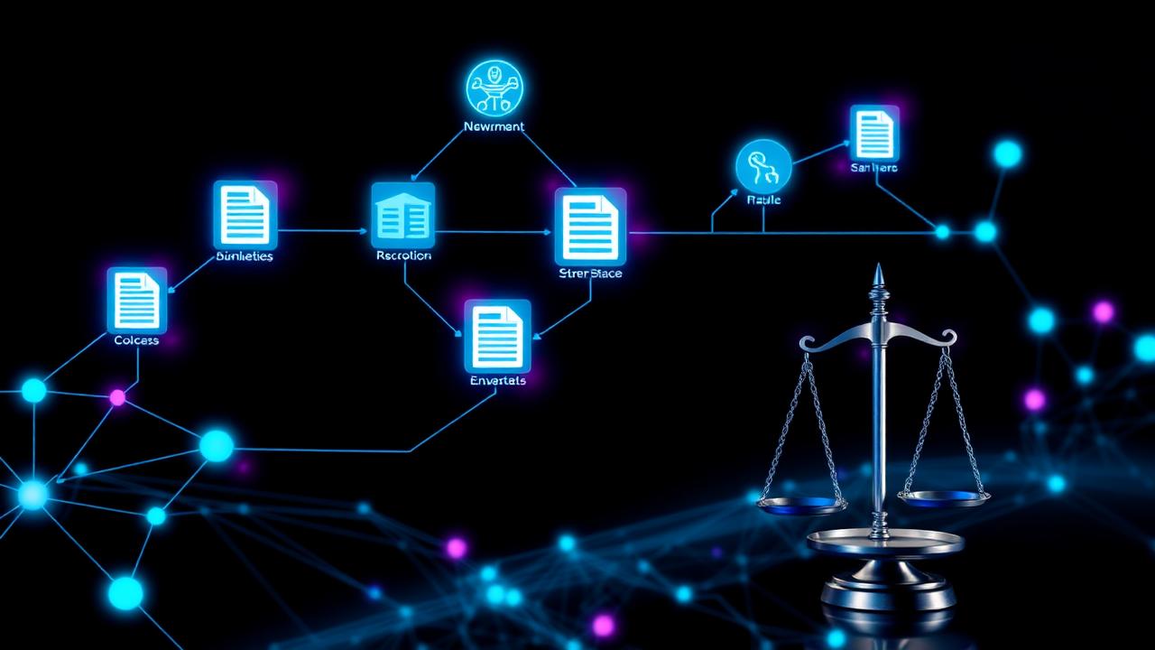 Legal automation workflow visualization with connected document nodes and scales of justice