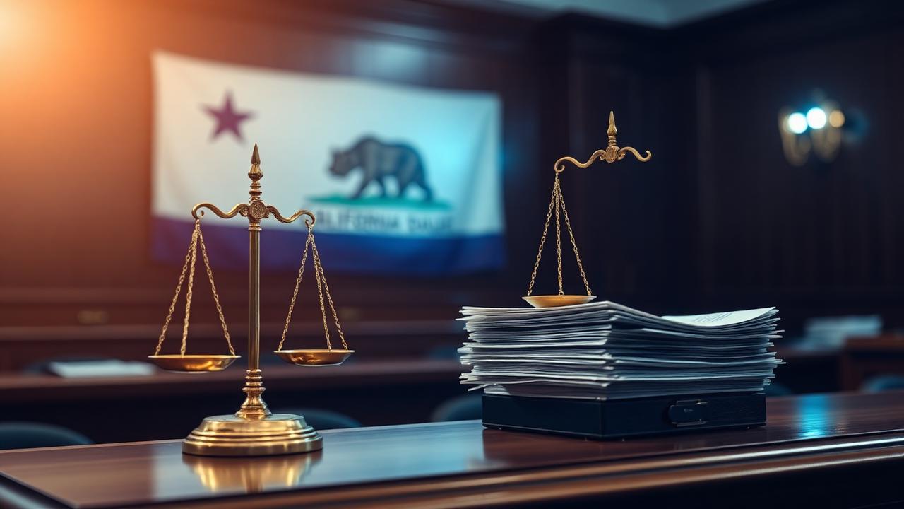 California courtroom with golden scales of justice, stack of legal filings, glowing holographic AI circuits, and the California state flag in soft focus