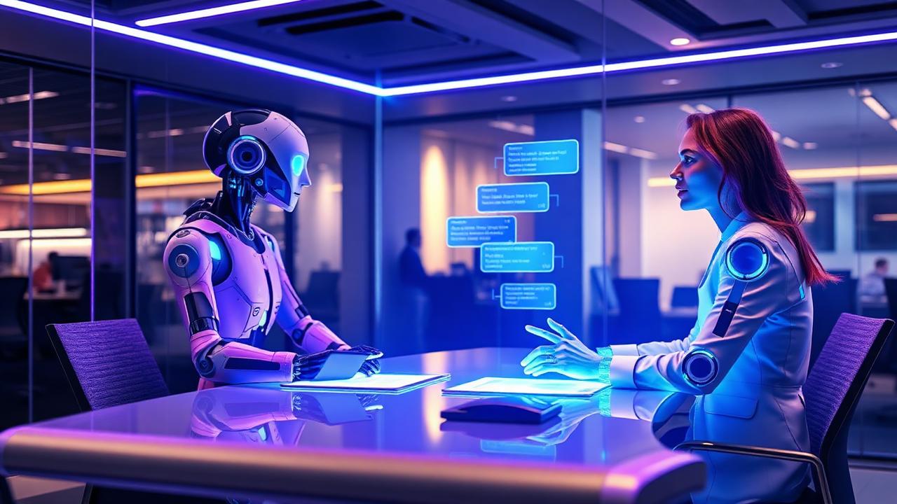 Legal AI chatbot hologram conducting client intake with a lawyer in a modern law firm office