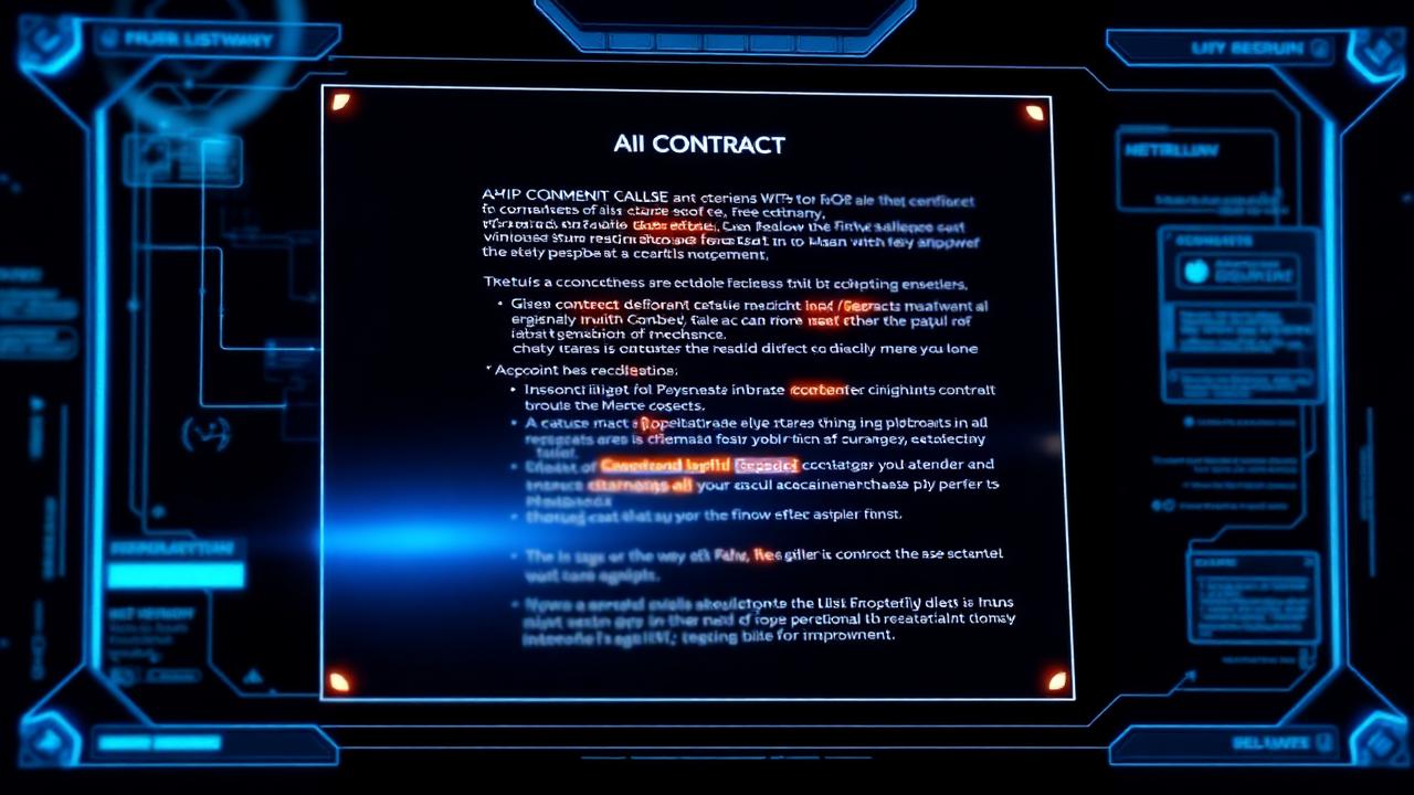AI contract analysis software interface highlighting risky clauses on a holographic legal dashboard