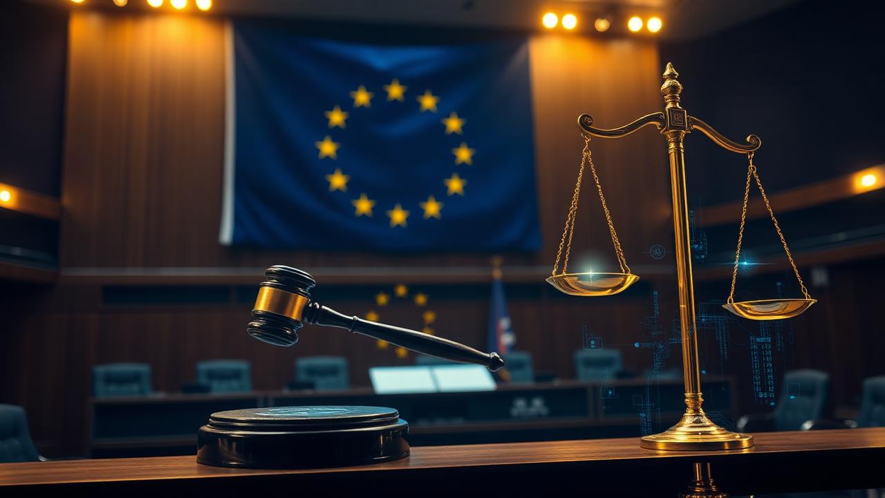 European Commission courtroom with EU flag, gavel, and golden scales of justice over an AI circuit overlay symbolising the first EU AI Act enforcement action