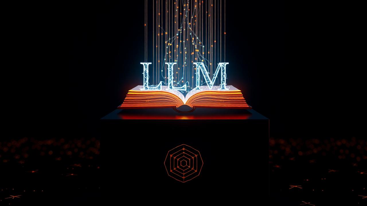 Glowing holographic neural network shaped like an open law book hovering above a sleek black monolith with streams of case-law citations flowing into it