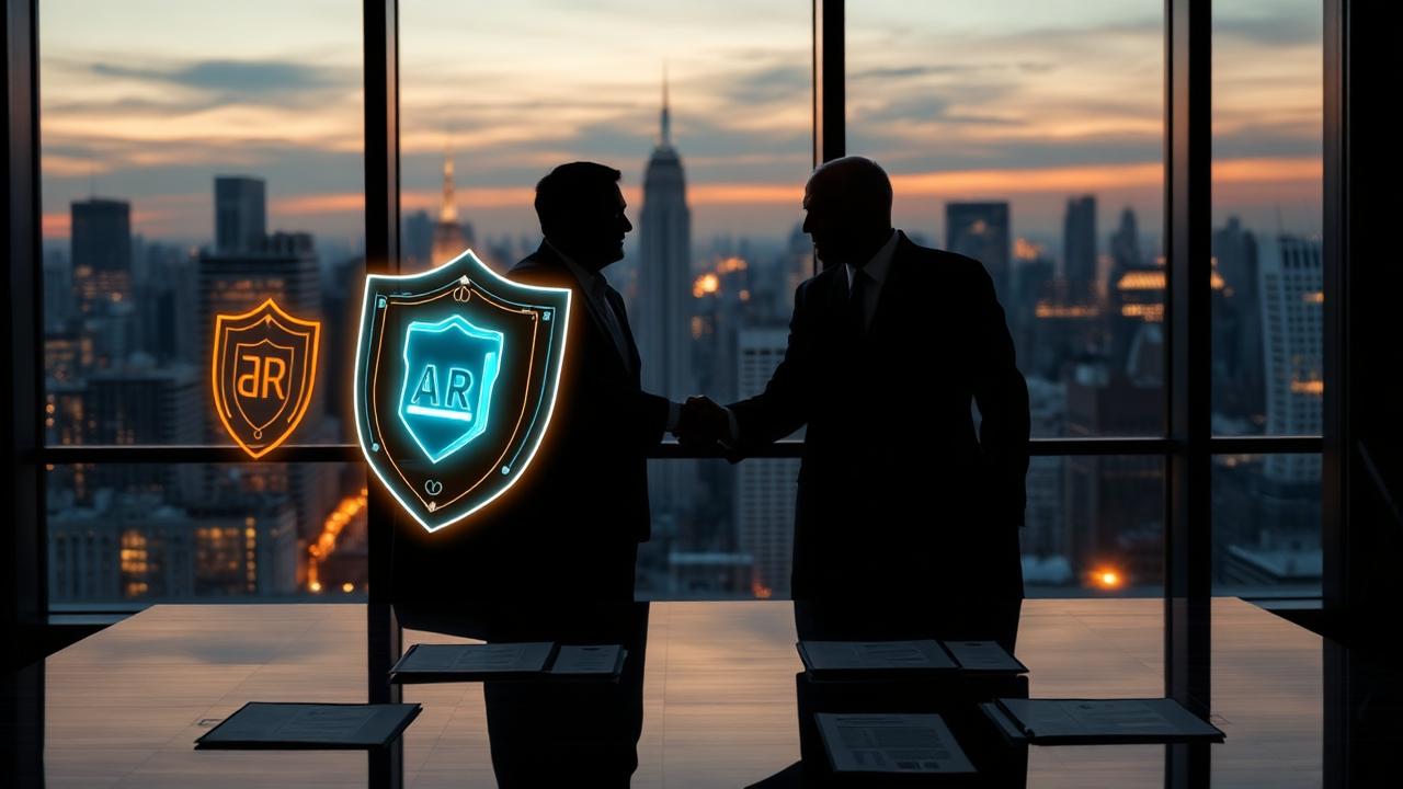 Two corporate executives shaking hands in a Manhattan boardroom at dusk with glowing holographic Thomson Reuters and Harvey AI shields between them